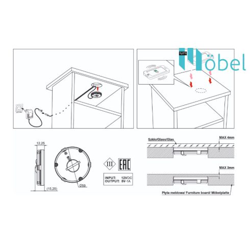 Vezeték nélküli töltő, 12V / 5V(1A), bemarásra