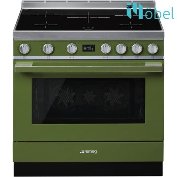   SMEG szabadonálló cooker, 90 cm, indukciós főzőlappal, 115 l sütőtér, pirolitikus tisztítás, LCD kijelző, 5 zóna, Portofino design, olívazöld