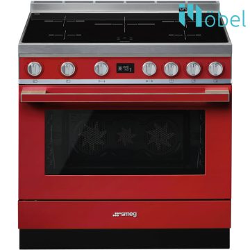  SMEG szabadonálló cooker, 90 cm, indukciós főzőlappal, 115 l sütőtér, pirolitikus tisztítás, LCD kijelző, 5 zóna, Portofino design, piros