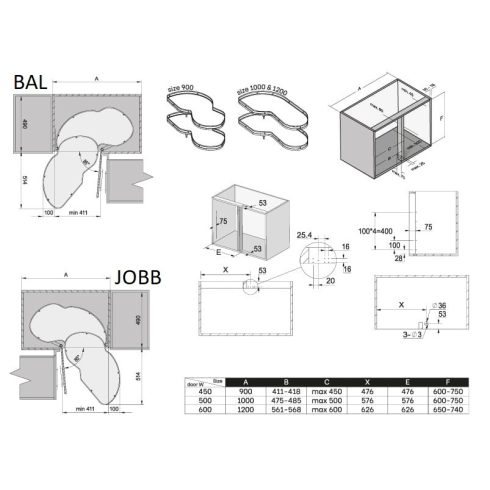ATM SUPLIMO WB-425  kihúzható sarokszekrény vasalat, P1 fehér, 1000  mm, balos