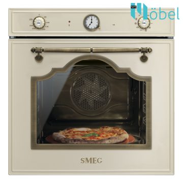   SMEG beépíthető sütő, multifunkciós, pirolitikus tisztítás, 65 l, pizzakő, Cortina design, bézs/bronz