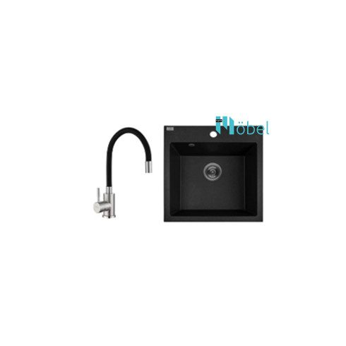 LAVEO mosogató ALENA 490x490 mm + műanyag flexibilis csaptelep fekete szett