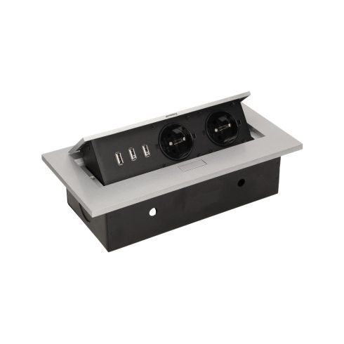 Asztallapba építhető konnektor, 2 dugaljjal, 3 USB