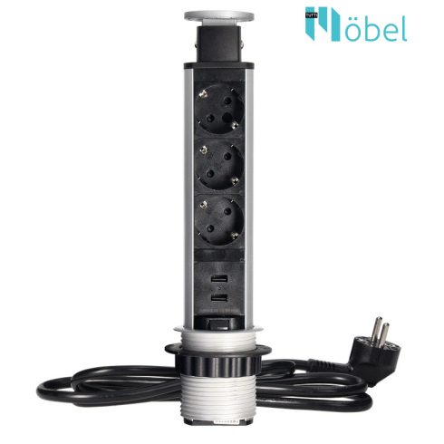 Pultba építhető konnektor torony, USB csatlakozóval, matt króm