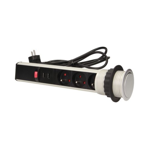 Pultba építhető konnektor torony, USB csatlakozóval, matt króm