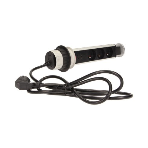 Pultba építhető konnektor torony, USB csatlakozóval, matt króm