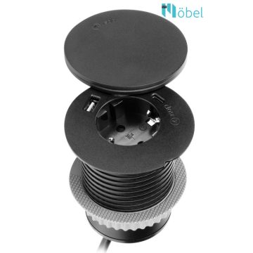   Asztallapba építhető konnektor vezeték nélküli töltéshez,l GM9028(GS), fekete, 1 konnektor + USB-A + USB-C (Magyar szabv.) 