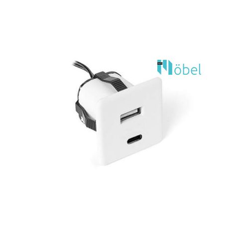 Bútorba építhető USB csatlakozó, fehér, USB-A + USB-C
