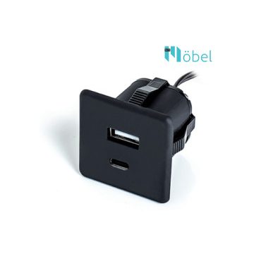 Bútorba építhető USB csatlakozó, fekete, USB-A + USB-C