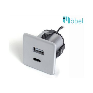   Bútorba építhető USB csatlakozó, matt króm, USB-A + USB-C