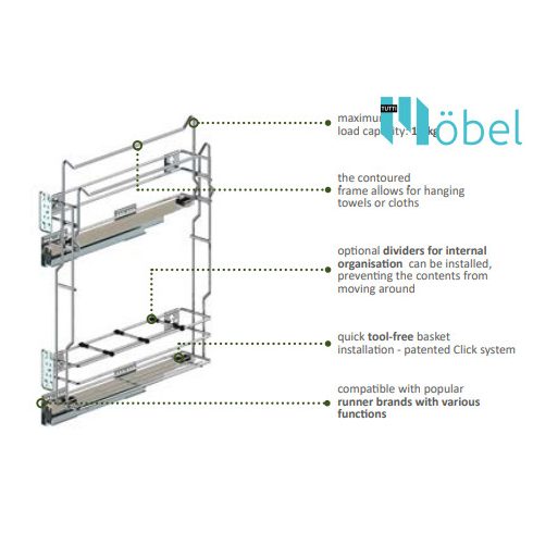 REJS MULTILine MINI oldalszerelésű kosár törölközőhöz/konyharuhához, sín nélkül, 150 mm