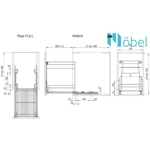 REJS MULTILine MINI alsószerelésű kosár, sín nélkül, L-450 mm